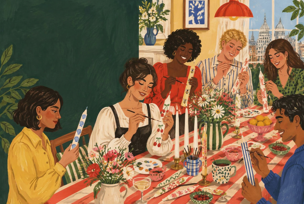 Gouache illustration of friends painting thin dinner taper candles with seashells, bees, lobsters and stripes around a ribbon-decorated evening table