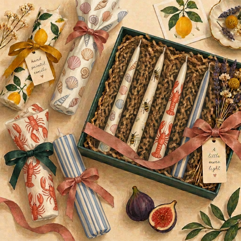 Illustration of thin dinner taper candles painted with seashells, bees, lobsters and stripes, nestled in a ribbon-tied gift box with shredded paper