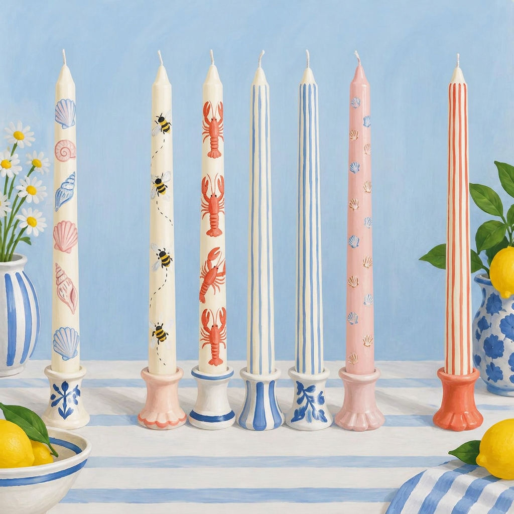 Illustrated thin dinner candles painted with seashells, bees, lobsters and stripes